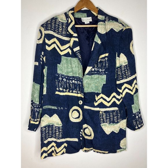 Fitting Image Tops - Vintage Fitting Image Women's 1X Blue Geometric Pattern Light Blazer Top